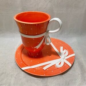Department 56 Collection Snack Set in Orange Polka Dot and Ribbon, NWT